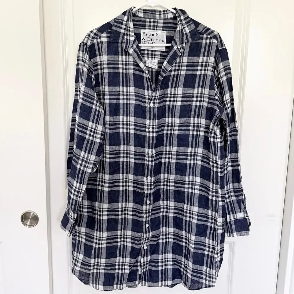 NWOT Frank & Eileen Mary Plaid Gingham Linen Mini Shirt Dress Navy White Medium